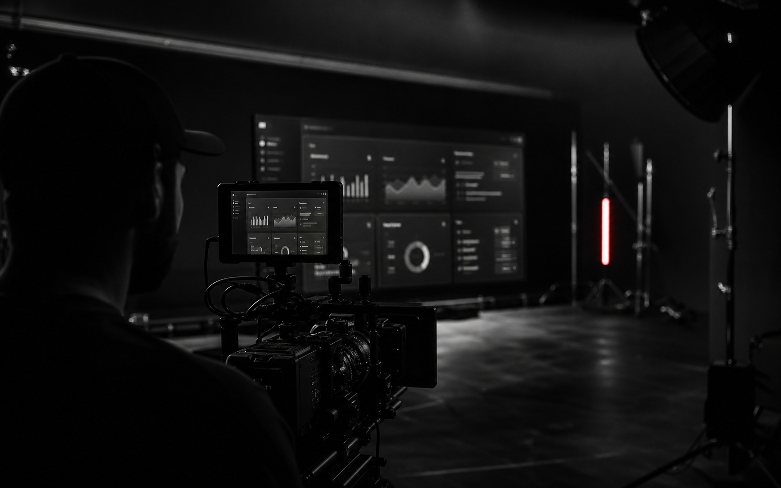 Camera rig filming a custom app dashboard in a dark studio