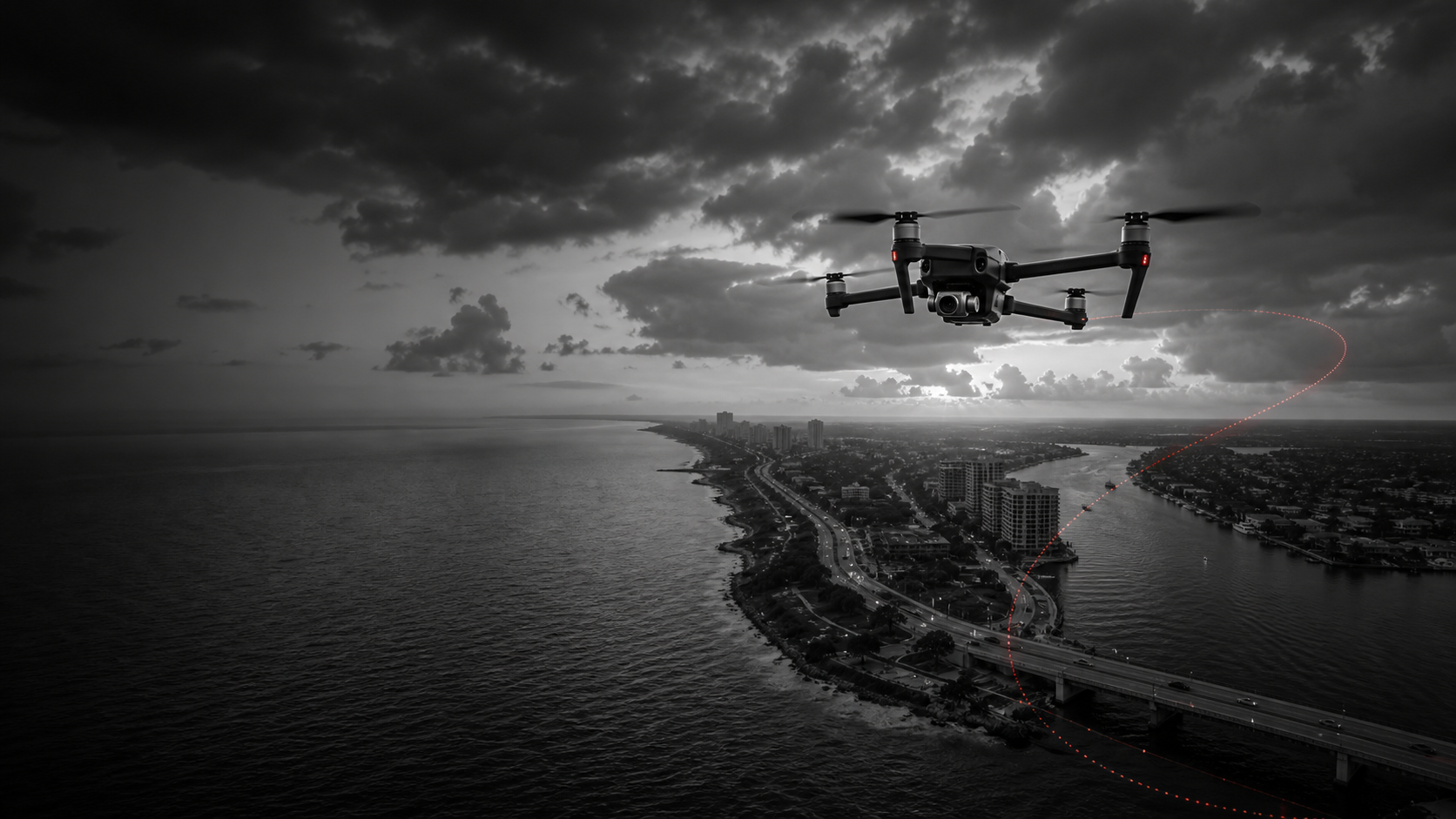 Drone flying above a coastal city and waterway