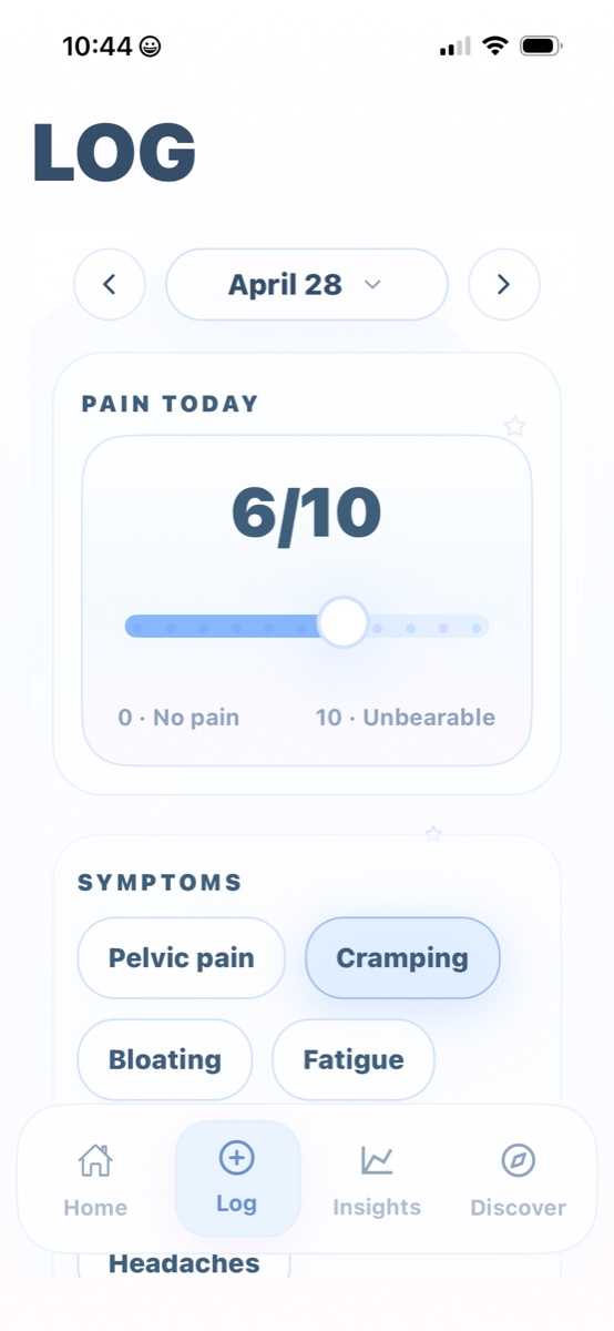 EndoGlow daily log with a pain scale and symptom choices.