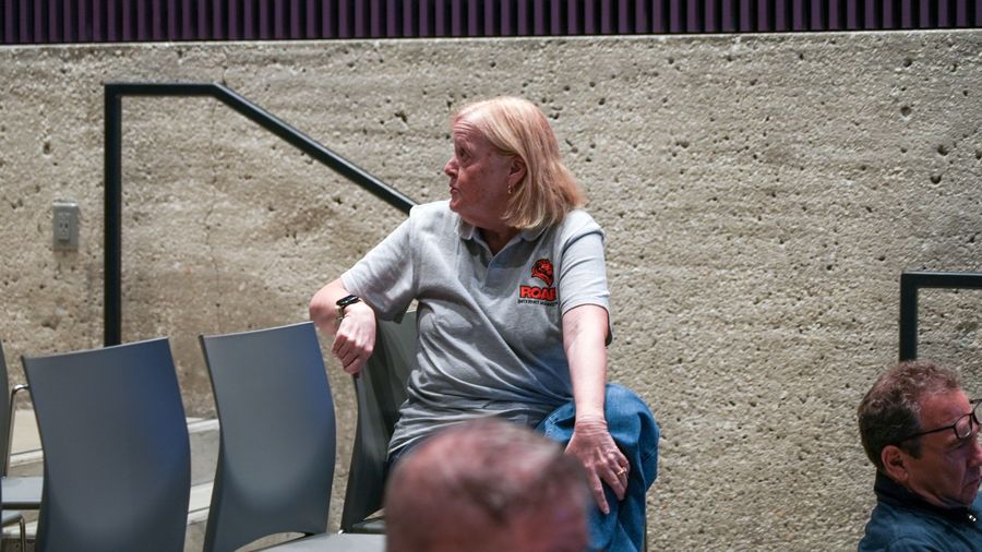 A woman participates in the workshop discussion from her seat.