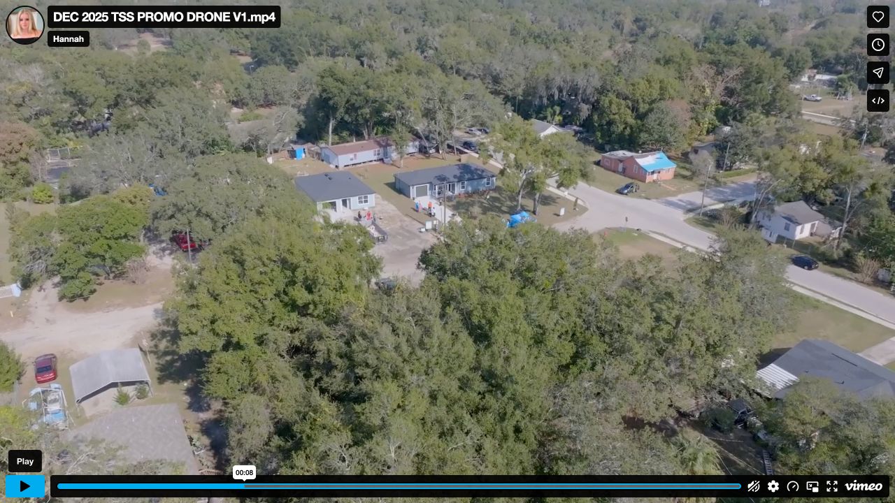Aerial view of homes and tree-lined streets from the Top Story drone reel.