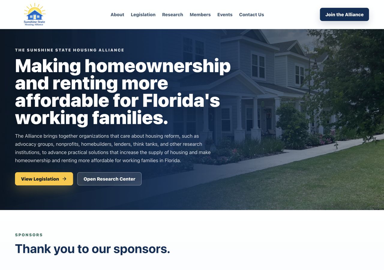 Sunshine State Housing Alliance website as shown in a live browser capture.