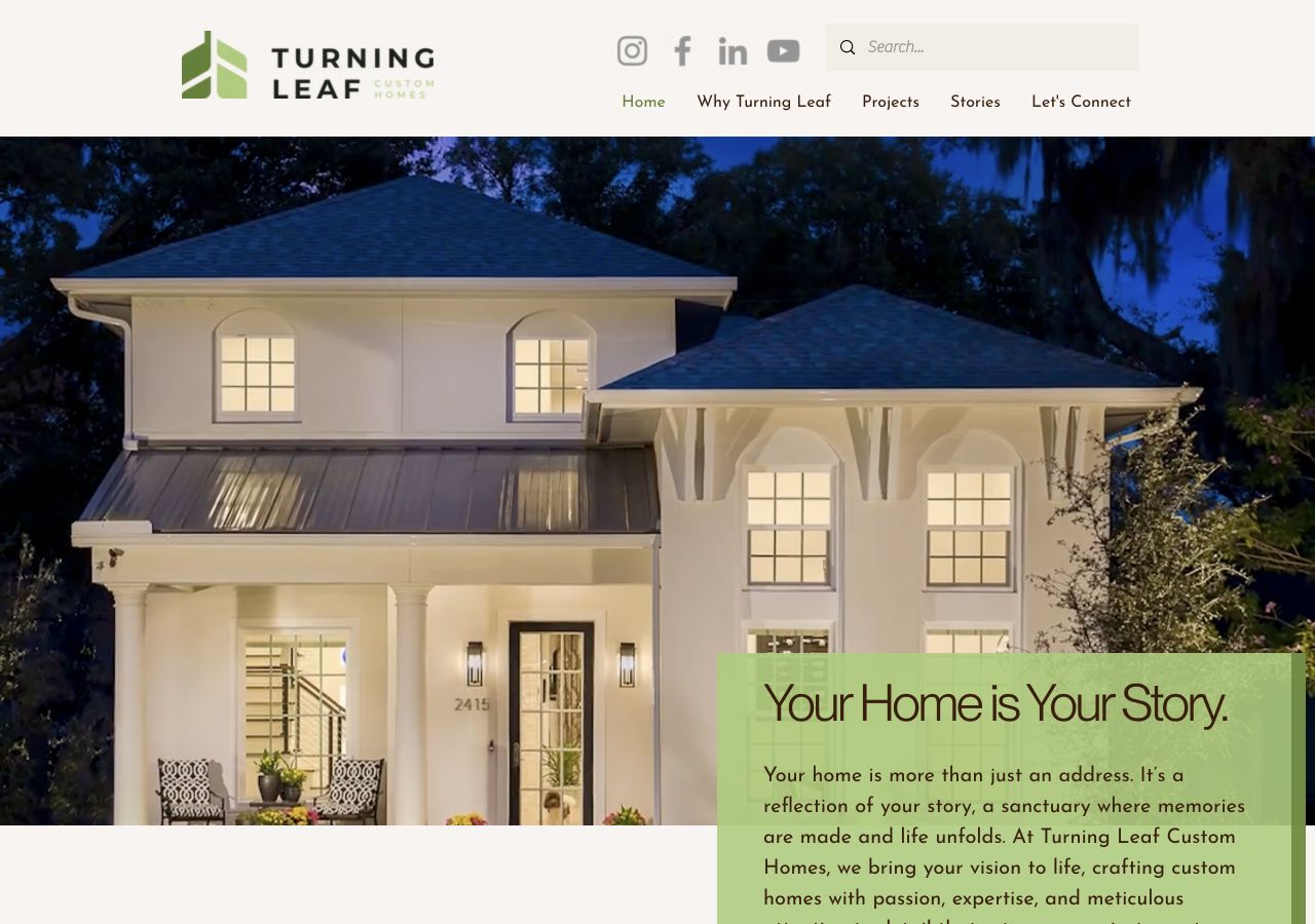 Turning Leaf Custom Homes website with a custom home at dusk