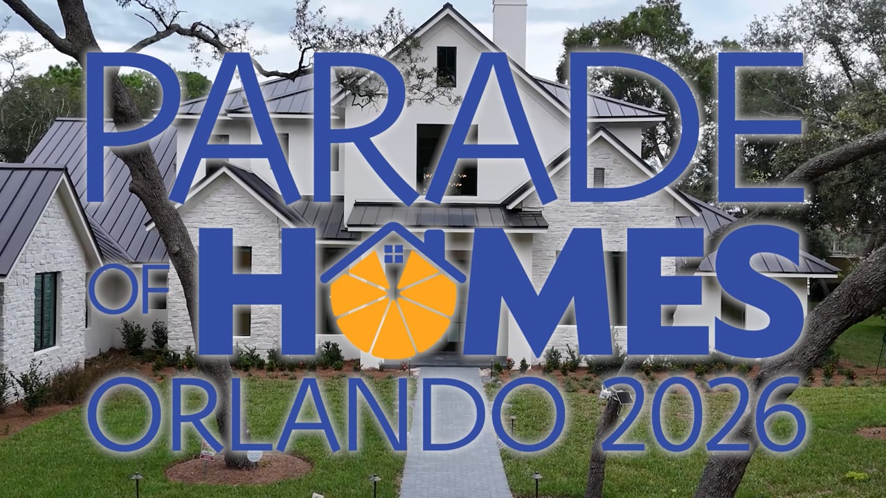 Parade of Homes Orlando 2026 lettering over a house surrounded by trees.