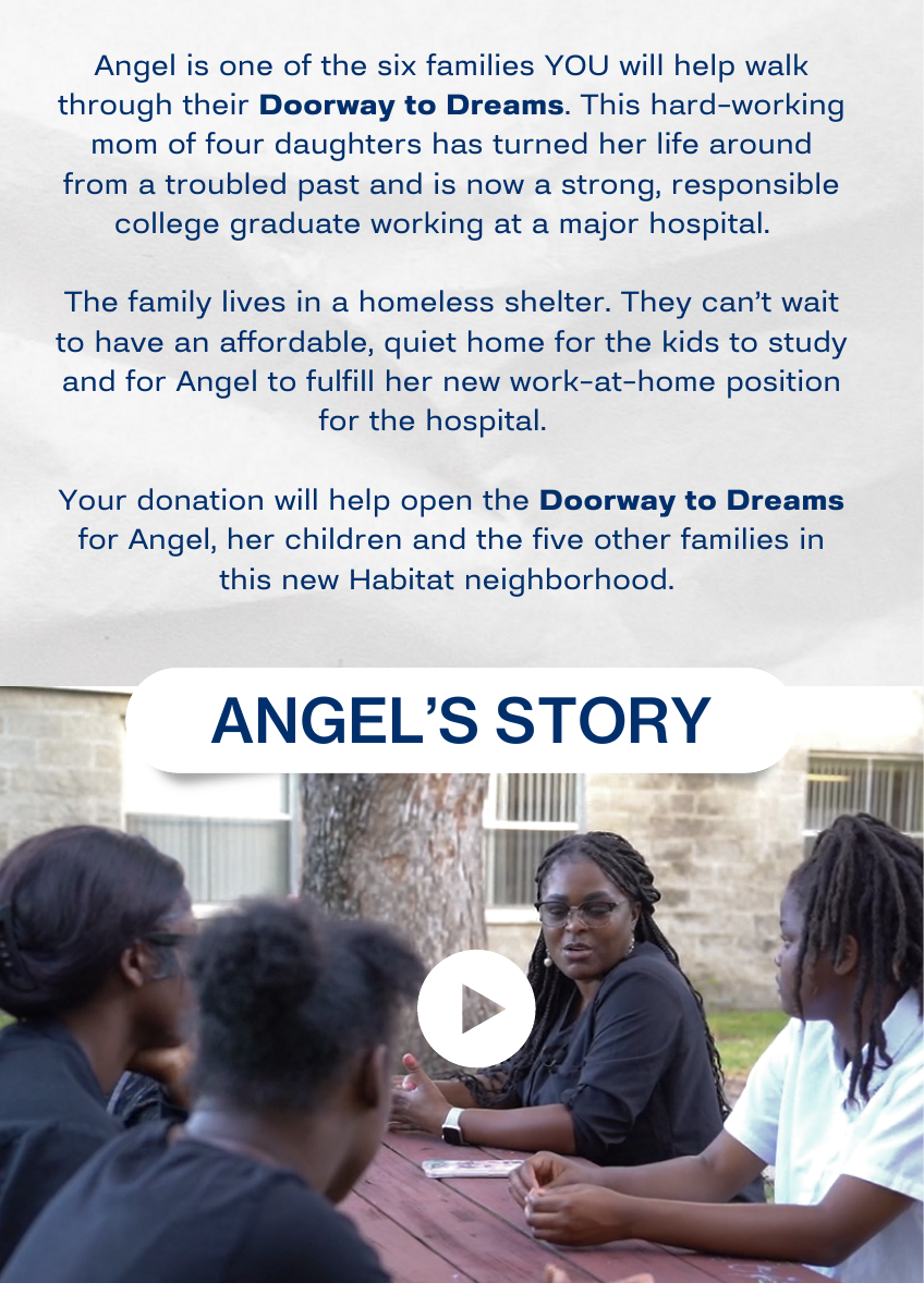 A page from the Doorway to Dreams newsletter featuring Angel’s family story and a video still.