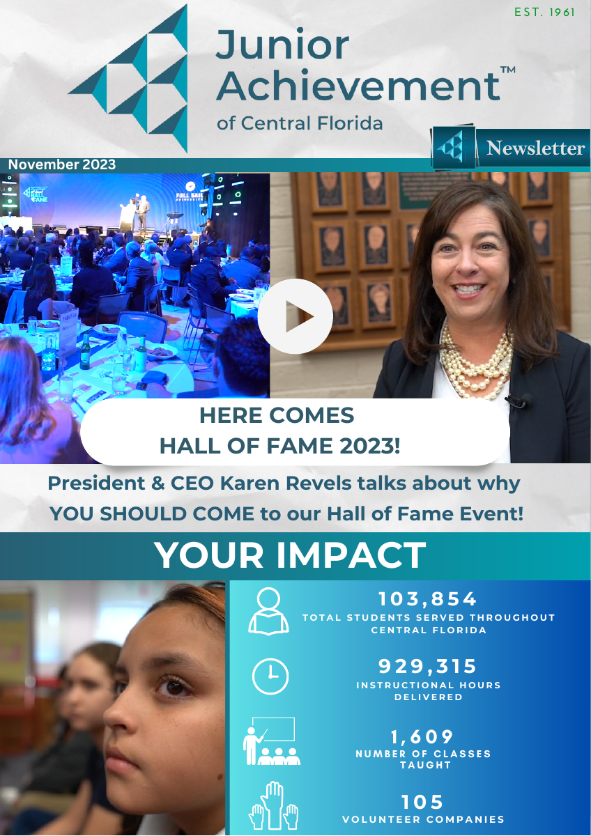 A November 2023 Junior Achievement newsletter page with Hall of Fame event imagery, a video feature, and program impact figures.