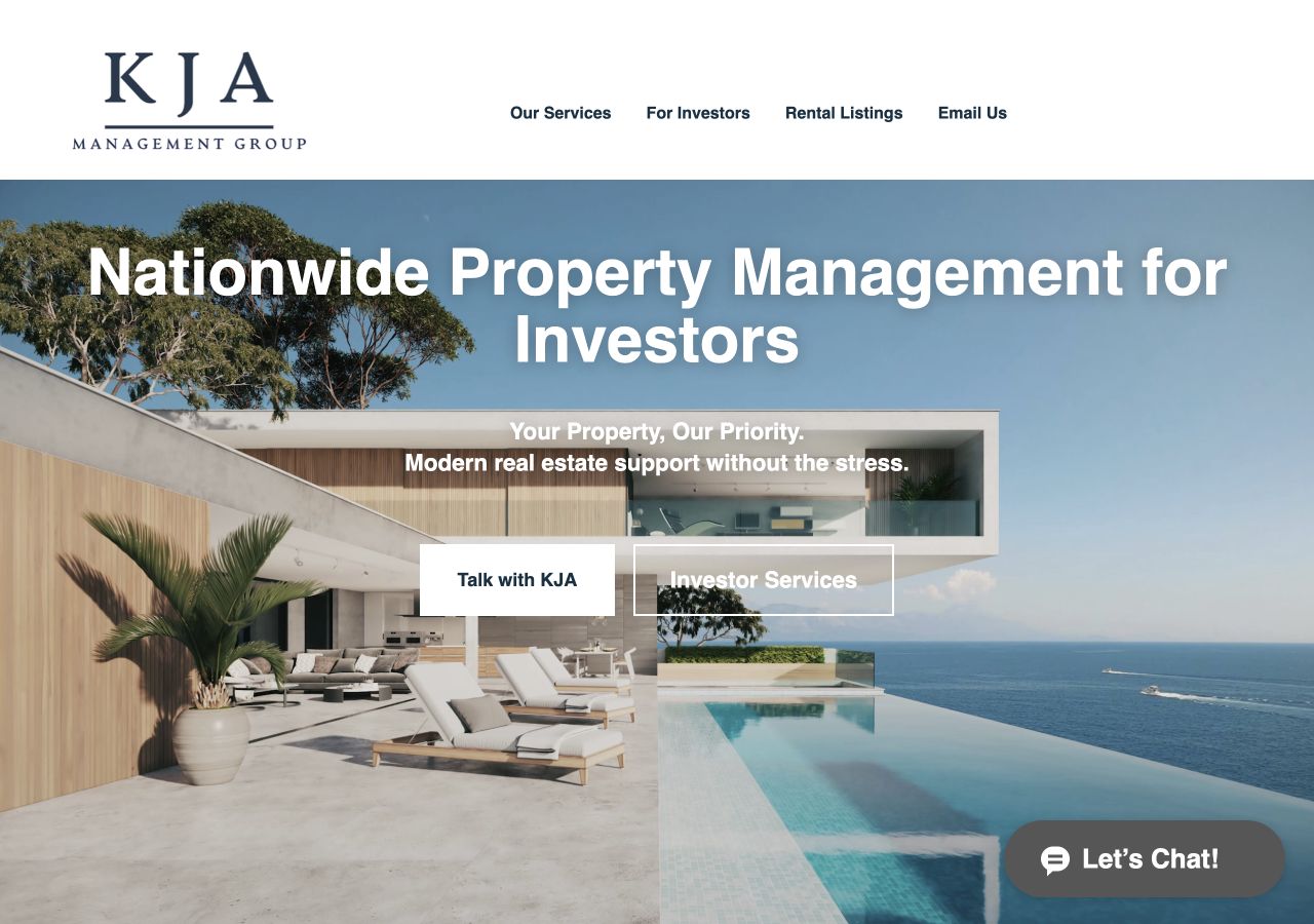 KJA Management website as shown in a live browser capture.